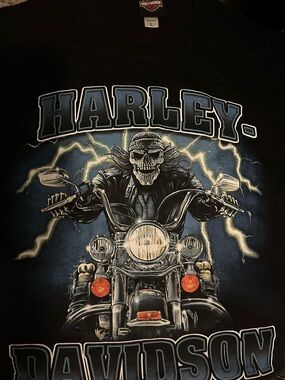 Harley-Davidson Black Motorcycle Skull Tee with Blue and Silver Lightning